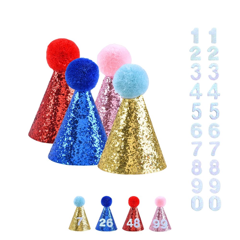 6342 ALLUREVIE Ages 1-100 Birthday Cone Hats Set 4-Pack with 2 Sets of